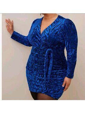 Torrid Blue Velvet Burnout Dress Size 18 Long Sleeves Faux Wrap Party Clubbing
